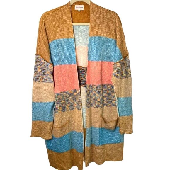 Love and Harmony Blue Brown Multicolored Cardigan Open Front Sweater Sz M/L - Picture 1 of 9